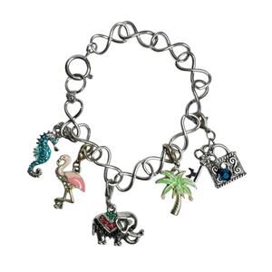 Vintage Y2K Silver Tone Summer Charm Bracelet Palm‎ Tree Flamingo Seahorse Beach